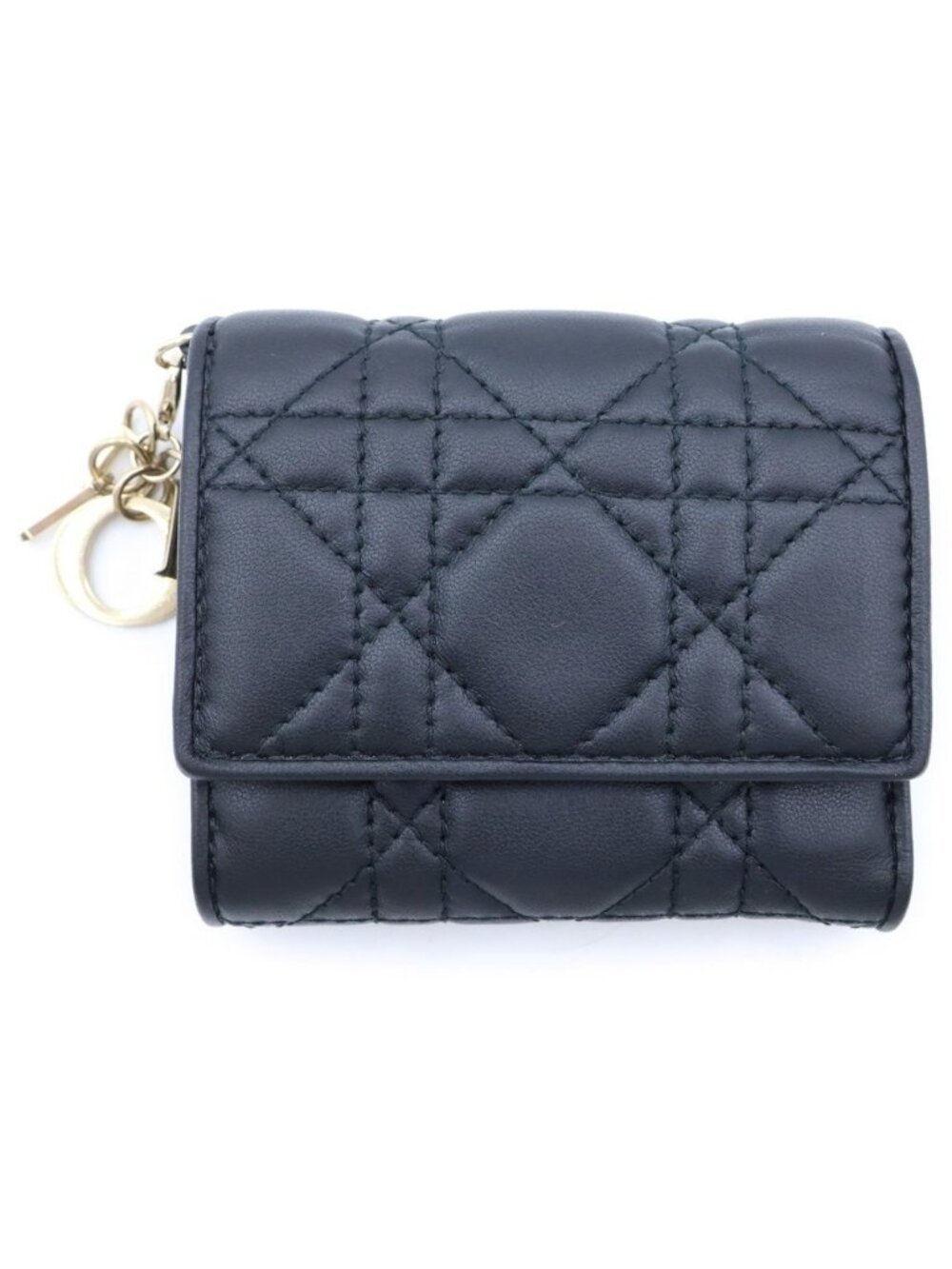 Dior Cannage Lotus Wallet Lambskin Trifold Compact Coin Purse Black